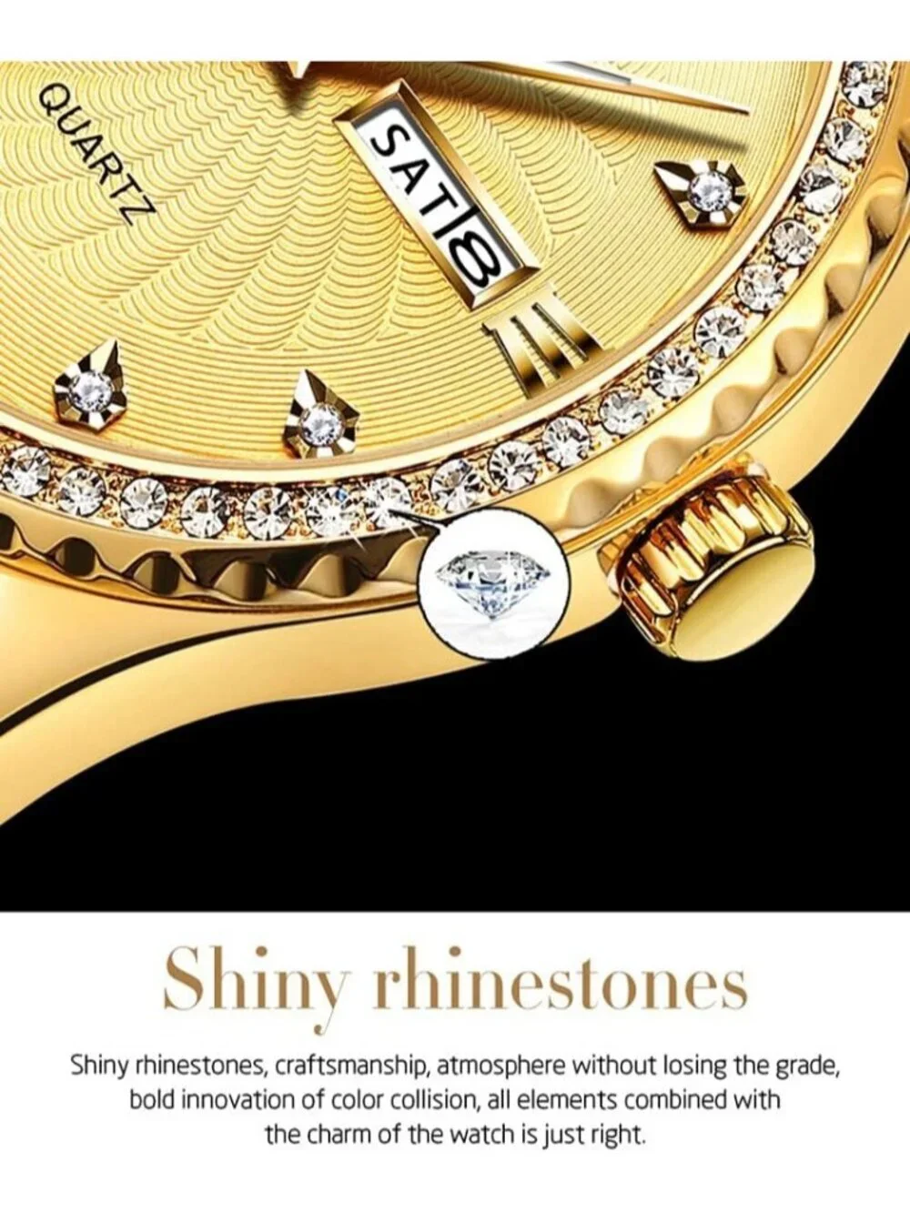 Men's Gold Diamond Solid Stainless Steel Waterproof Luminous Luxury Analog Watch